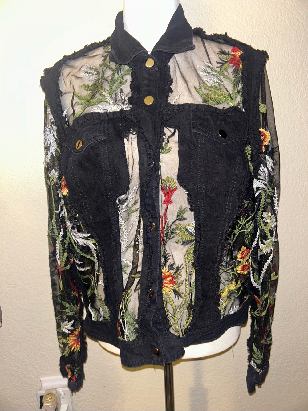 Vintage Black Floral Embroidered Mesh & Denim Jacket